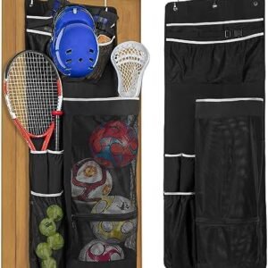 GOBUROS Over The Door Hanging Sports Equipment Organizer, Ball Storage with Metal Hook, Garage Sports Equipment Organizer for Basketball, Football, Volleyball and Tennis Storage